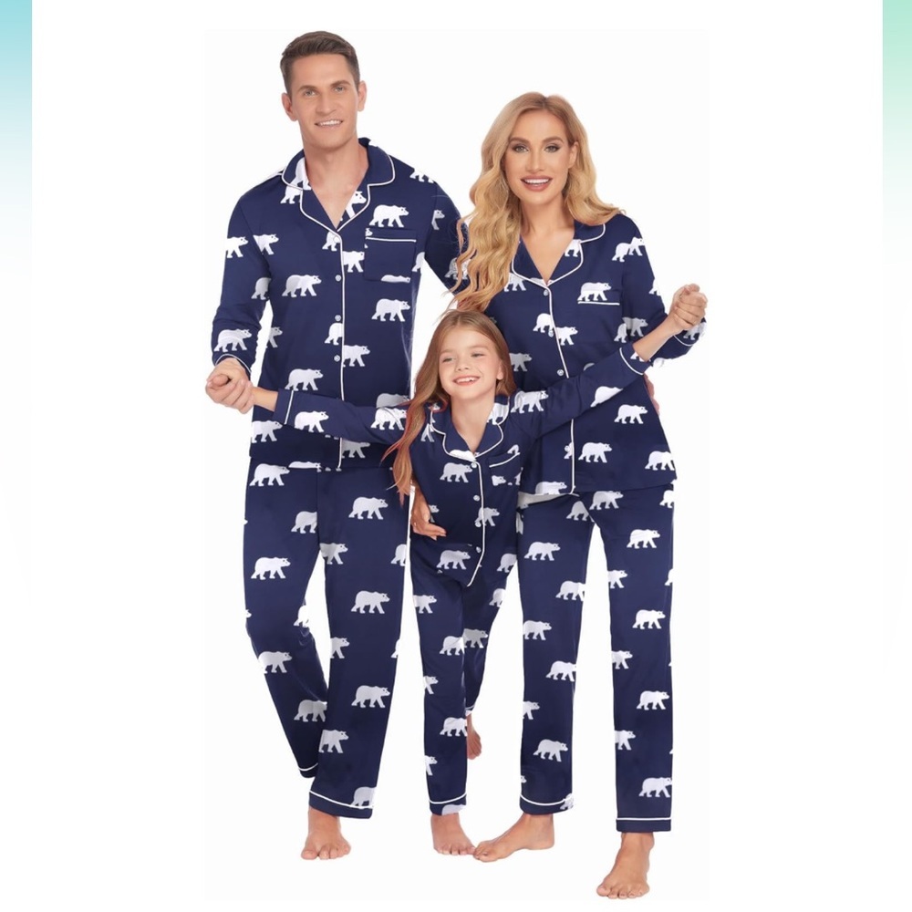 NEW Ekouaer Navy Blue Polar‎ Bear Satin Pajama Set Long Sleeve Button Down